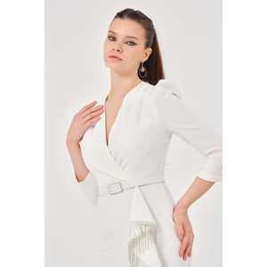 Robe de soirée asymétrique rouge 1610 à col en V avec franges, taille naturelle, faite à la main - Product Image 5