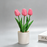 Mini-bonsaï de tulipes artificielles en PU à 3 têtes pour décoration intérieure de bureau, personnalisable avec étiquette privée