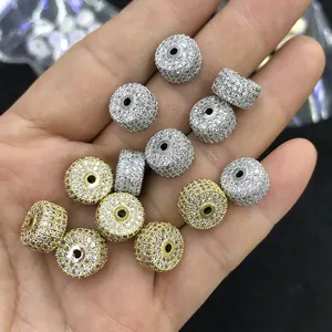 Manik-manik Zirkonia Kubik DIY Elegan, Perak/Emas/Mawar Emas/Hitam 10Mm Putih CZ Spacer Pesona untuk Gelang Batu Permata Alami