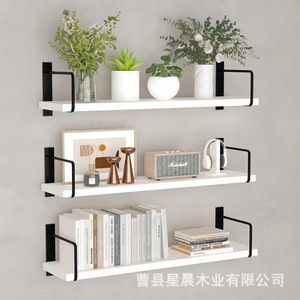 Wall Mounted Wooden Shelf 3 Tier <b>White</b> With Black Metal <b>Brackets</b> For Office Book Storage And Decoration - Product Image 1