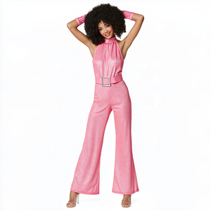 Costume da discoteca anni '70 da <span class=keywords><strong>donna</strong></span>, tuta rosa scintillante con collo all'americana, cintura <span class=keywords><strong>e</strong></span> polsini, vestito elegante retrò a zampa d'elefante - Product Image 6