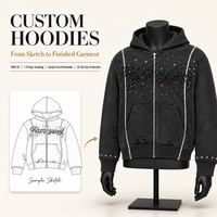 Hoodie personnalisé brodé vintage délavé à l'acide en molleton bouclette avec strass et fermeture éclair, style streetwear – Fabricants de vêtements