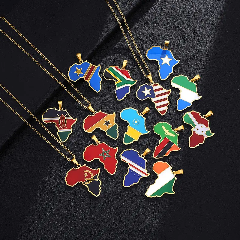 Stainless Steel 18K Gold Plated Enamel Africa South Africa Algeria Egypt Zimbabwe Cameroon Libya Kenya Flag Map Pendant Necklace