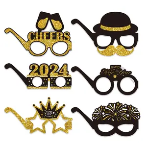 2024 màu đen vàng long lanh kính mắt cho Đảng vui ảnh gian hàng đạo cụ cho hạnh phúc năm mới cổ vũ Bìa mắt mặc