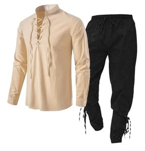 Camisa de pirata renacentista medieval para hombre, manga larga, cuello levantado, gótico, con cordones, pantalones con bandas en el tobillo, <span class=keywords><strong>disfraz</strong></span> vikingo - Product Image 5