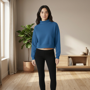 Compre al por Mayor Sudadera Corta Azul de Cuello Alto para Mujer, Manga Larga, Tejida en Algodón, para Otoño, con Logotipo Personalizado - Product Image 1