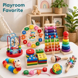 Giocattoli <span class=keywords><strong>Montessori</strong></span> per la prima infanzia: Carillon in legno con perline, orologio, tamburi e set di percussioni con 8 scale - Giocattolo educativo - Product Image 4