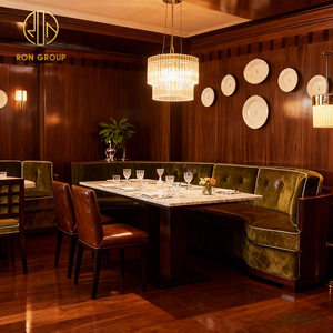 Table carrée vintage américaine en pierre frittée, chaise de café en cuir, banquette en velours avec structure en bois, mobilier de restaurant - Product Image 1