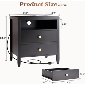 Table de <span class=keywords><strong>chevet</strong></span> moderne avec station de charge, noire, 2 tiroirs, table de <span class=keywords><strong>chevet</strong></span>, table de rangement pour <span class=keywords><strong>lit</strong></span> - Product Image 5
