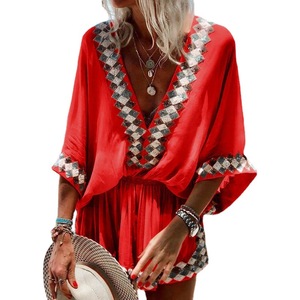 Red Deep V Neck Mini <b>Dress</b> With Contrast Binding <b>Elastic</b> Waist Beach Cover Up Women's Swimwear Fashion Style - Product Image 5