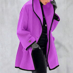 Purple <b>Woolen</b> Long Sleeve Notched Collar Blazer Coat Women Winter Elegant Knee Length Solid Color Button Decoration - Product Image 4