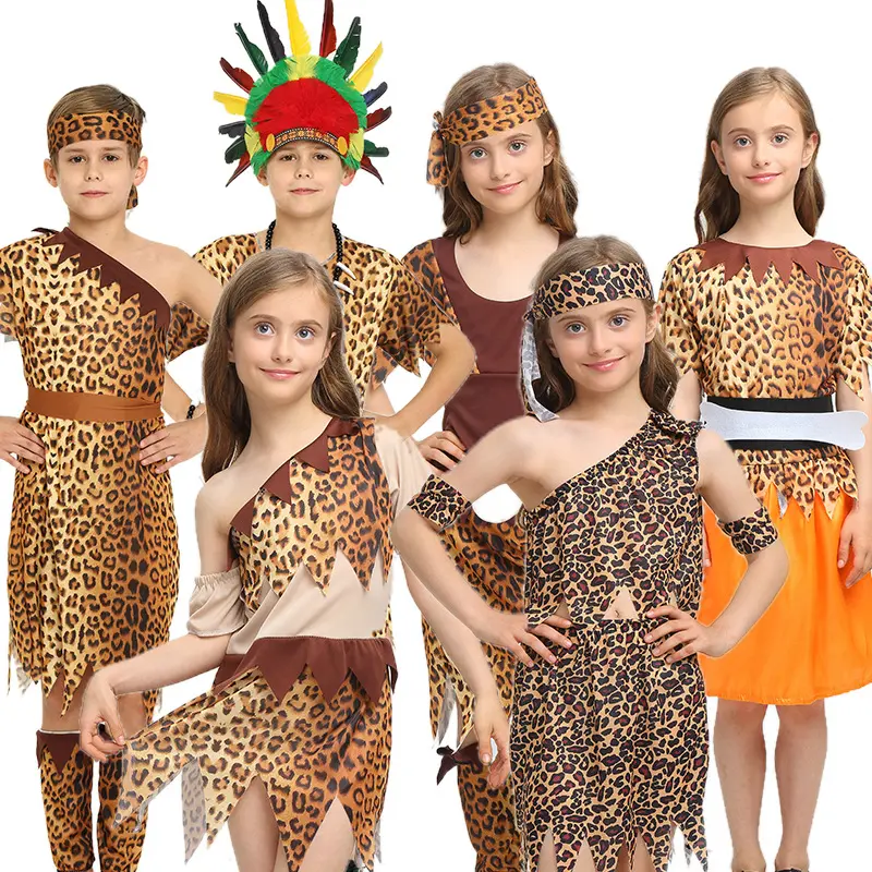 2024 New Halloween Cosplay Costume Adult Kids Savage Costumes Leopard African Tribal Hunter Indian Halloween Carnival Costumes