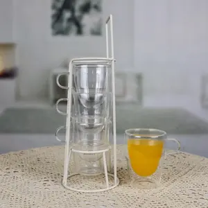 Vente en gros ensemble personnalisé de 4 tasses à thé et à café en verre de 170ml transparentes à double paroi et résistantes à la chaleur avec cadre en fer