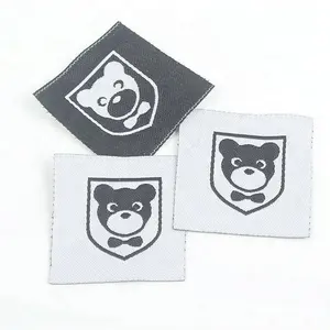 Eco-friendly Heat Cut Custom Cute Bear Animal Logo Machine Woven Flag Labels for Kid's Clothes