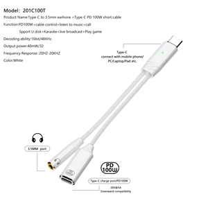 Adaptador y cargador de audio USB C a 3,5mm 2 en 1 Adaptador USB C a conector de <span class=keywords><strong>auriculares</strong></span> y <span class=keywords><strong>cable</strong></span> de carga tipo C Dongle divisor PD100W - Product Image 3
