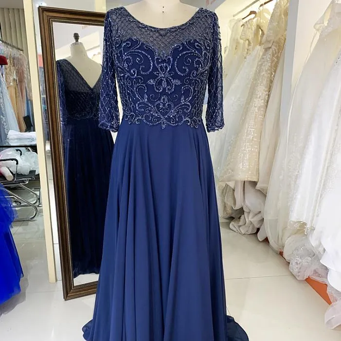 Navy Blue plus size machine beading quarter sleeve V back chiffon skirt mother of the bride evening dresses