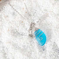 Kalung Liontin Pantai Batu Kaca Laut Berwarna Biru Laut dan Pink Desain Baru Ramah Lingkungan