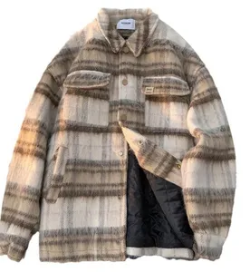 Customized fashion button woolen men jacket winter heavy flannel tweed plaid shirt jacket