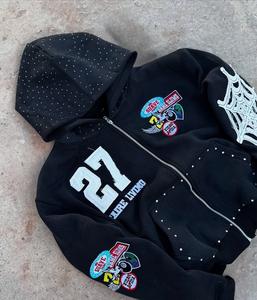 เสื้อฮู้ดซิปผ้าฝ้ายกันน้ำสำหรับฤดูหนาว ตกแต่งด้วยคริสตัล ปักลาย  ทรงโอเวอร์ไซส์  สำหรับผู้ชาย  ออกแบบลายพิมพ์ - Product Image 3