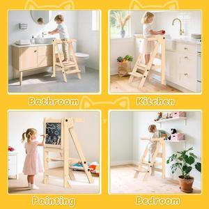 Taburete de cocina plegable para niños pequeños, torre de aprendizaje, 3 alturas ajustables, extraíble, <span class=keywords><strong>Blanco</strong></span>/pizarra, madera Natural, diseño moderno - Product Image 6