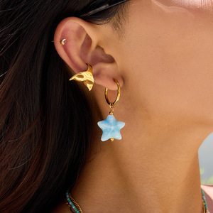 Starfish Pendant Earrings Blue Ceramic Gold Hoop Women's Everyday Wear - Product Image 4