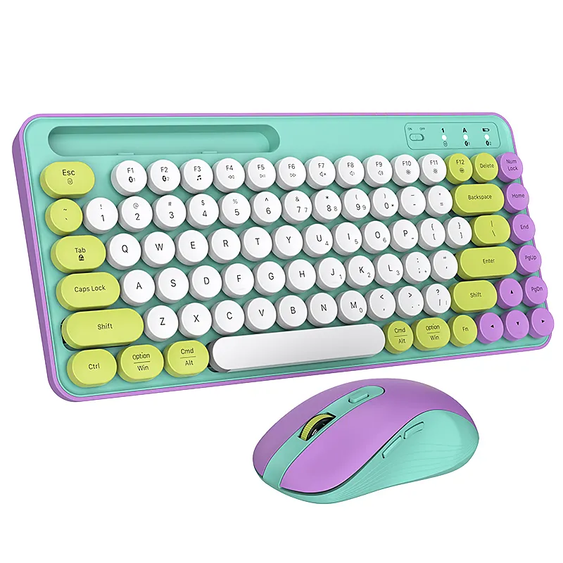 Ensemble clavier et souris sans fil Retro Round Keycap Typewriter Cute Colorful Keyboard with Phone Tablet Holder for Laptop