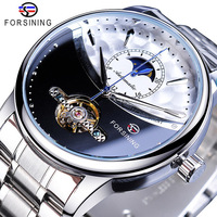 Montre automatique pour homme Forsining, phase de lune dorée, bracelet en acier, cadran noir et blanc, montre mécanique pour homme, Reloj Hombre