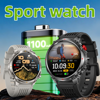 Montre connectée sport 2026 avec batterie 1100 mAh, lampe de poche, suivi d'activité, appels Bluetooth, fonctions d'oxygénation sanguine, étanche, compatible Android