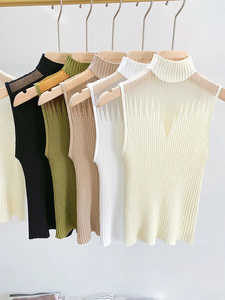 Camiseta sin mangas para mujer, chaleco de medio Cuello, suéter sin mangas para mujer, ropa de calle recortada elegante, Top de punto de malla ajustada sólida - Product Image 6