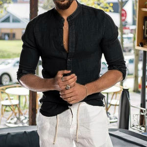 Camisas de hombre de algodón de lino italiano personalizadas <span class=keywords><strong>Camisa</strong></span> De <span class=keywords><strong>Manga</strong></span> <span class=keywords><strong>Larga</strong></span> De Lino Para Hombre con <span class=keywords><strong>cuello</strong></span> <span class=keywords><strong>Mao</strong></span> - Product Image 2