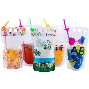 custom logo reusable plastic transparent and design drinking beverage water juice stand up packaging pouches bags with straw