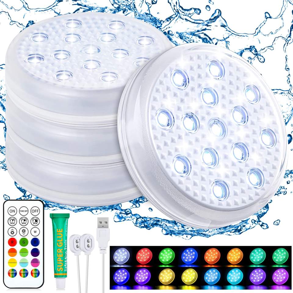 16-Color Changing LED Pool Lights Rechargeable Submersible Floating ...