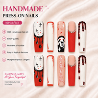 Faux ongles à presser Halloween faits main, longs, forme cercueil, motif goutte de sang, style masque d'horreur, en acrylique avec strass, 10 pièces