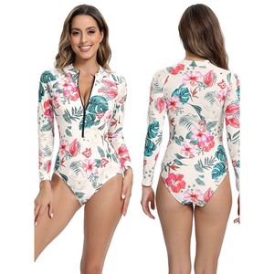 Traje de Baño de Una Pieza de Manga Larga con Estampado Digital, Cierre de Cremallera, Diseño Floral Sexy, Corte Ajustado, Ropa de Playa - Product Image 1