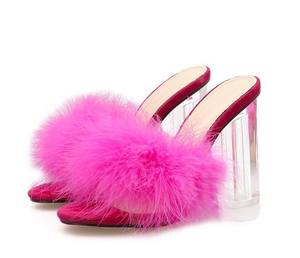CSS22 new 2019 ladies square <strong>clear</strong> <strong>heels</strong> fur <strong>mules</strong> block <strong>heel</strong> women <strong>heels</strong> slides - Product Image 1