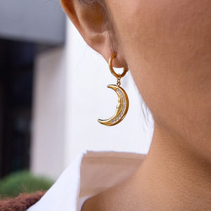 <b>Moon</b> Drop <b>Earrings</b> 18K Gold Plated Stainless Steel White Rhinestone Channel Setting Fashion Jewelry - Product Image 3