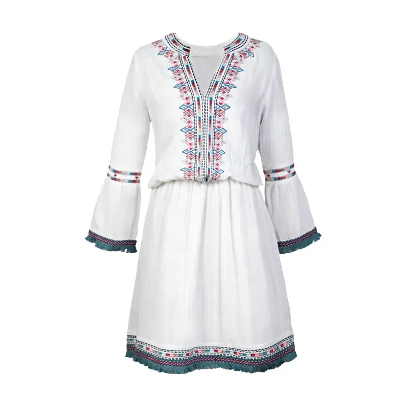 New Arrival Bell Shape Short Sleeve V Neck Embroidery Fringing Hemmed Bell Shape Skirt Bohemian Women Mini Dress