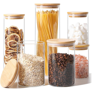 Ensemble <span class=keywords><strong>de</strong></span> bocaux <span class=keywords><strong>de</strong></span> rangement en verre en gros, contenants ronds transparents avec couvercles en bambou hermétiques pour l'organisation du garde-manger <span class=keywords><strong>de</strong></span> la cuisine - Product Image 1