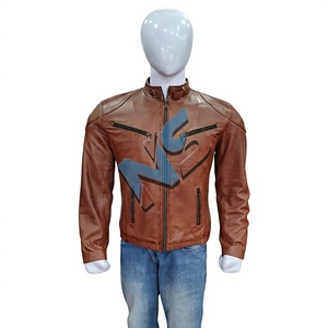 Nabtay Sports Men's Brown Leather Moto <b>Jacket</b> Stand Collar Zipper Front <b>Slim</b> <b>Fit</b> Solid Color Autumn Wear 140g - Product Image 1