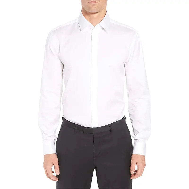 Logo personalizzato eccellente sartoria camicia da uomo d'affari tinta unita colletto di lusso bianco polsino francese camicie eleganti a maniche lunghe