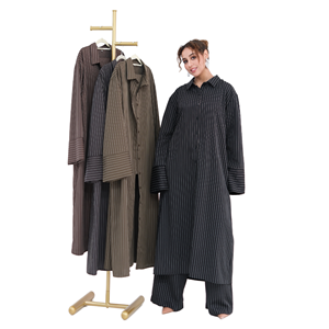 Loriya Modest Muslim Women Summer Adults <b>2</b>-<b>Piece</b> Striped Lapel Button Top Wide Leg Pants Co-Ord Set Daily Wear Polyester - Product Image 1