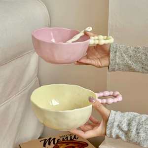 Ins Style Sugar Bean Underglaze Color Ceramic Handle <b>Microwave</b> Safe Modern Minimalism Personal Tableware Rice Noodle Soup Bowls - Product Image 2