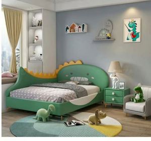Lit d'enfant moderne au design dinosaure, structure en bois robuste, tête de lit rembourrée en coton confortable, taille complète pour chambre d'enfant - Product Image 5