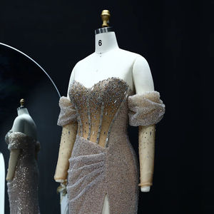 Abito da Sera di Lusso a Sirena Argentato con Cristalli Stile Dubai con Maniche e Spacco Abito da Cerimonia Arabo da Donna LSZ426 - Product Image 4