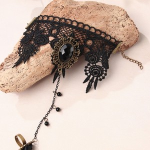 Black Lace Choker <b>Necklace</b> With Gemstone Pendant And Chain <b>Ring</b> For Party Fashion Jewelry - Product Image 4