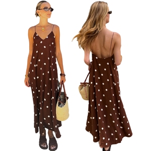 Robe longue minimaliste à pois, contraste de couleurs, dos nu, fines bretelles, coupe décontractée, taille naturelle, écologique, lavable - Product Image 1
