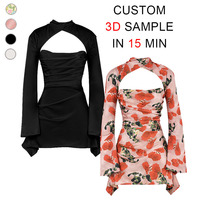 Robe de soirée mini pour femme, en mousseline de polyester, à manches longues évasées, col carré, motif floral personnalisé, style designer