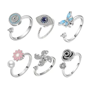 Daidan Evil Eye Ring Adjustable Anxiety Ring 925 Sterling Silver Daisy Rose Spinning Windmill Fidget Thumb Rotating Rings