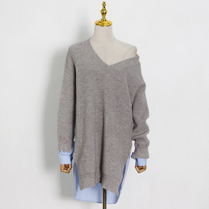 Pulls décontractés longs et amples pour l'automne et le printemps, chemisier patchwork en tricot, col en V au dos, hauts pour femmes, pulls tendance pour femmes - Product Image 5