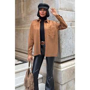 Chemise en daim tabac pour femme, décontractée, avec broderie, poche et boutons, pour tous les jours - Product Image 2